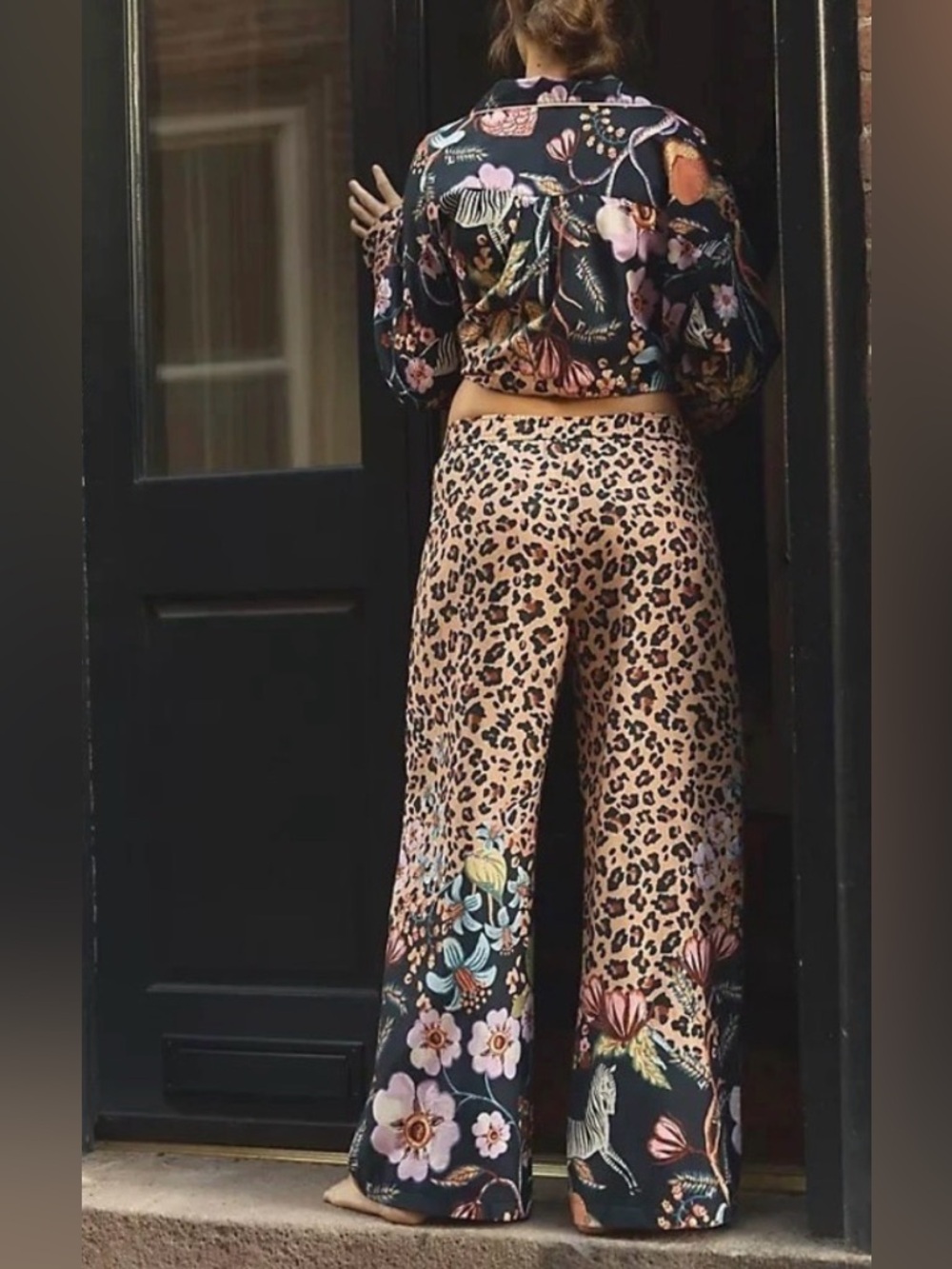NWT Anthropologie LyreBird Leopard Floral Flannel Pajama Set Small 2-Piece - Picture 2 of 13
